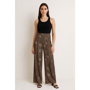 KiraGrace Wide Leg Pants XS Brown Floral Print Yoga Lounge USA Made Stretch